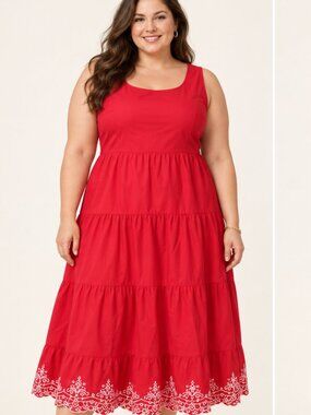 Jessica London  Red Sleeveless Tiered Dress  Embroidered Hem Flowy Fit (C-20)